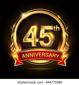 45th golden anniversary logo with ring and red ribbon, vector design.