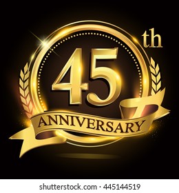 45th golden anniversary logo with ring and ribbon, laurel wreath vector design.