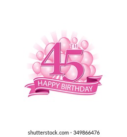 45th pink happy birthday logo with balloons and burst of light