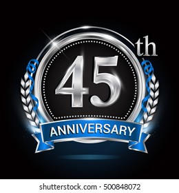 45th silver anniversary logo with blue ribbon and ring.