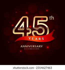 45th year anniversary celebration logo design with a golden number and red ribbon, vector template