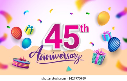 45th Years Anniversary Celebration Design, with gift box and balloons, ribbon, Colorful Vector template elements for your birthday celebrating party.