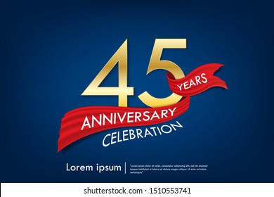 45th years anniversary celebration emblem. anniversary elegance golden logo with red ribbon on dark blue background, vector illustration template design for celebration greeting and invitation card