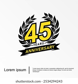 45th years anniversary celebration emblem. anniversary logo isolated with laurel wreath and ribbon. vector illustration template design for web, flyers, poster, invitation card or greeting card