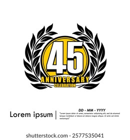 45th years anniversary celebration emblem. anniversary logo isolated with laurel wreath on white background. vector illustration template design for web, flyers, poster, invitation card, greeting card