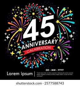 45th years anniversary celebration emblem. anniversary logo isolated with red ribbon, stars and fireworks sparkle twinkle. vector illustration template design for web, flyers, poster, greeting