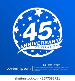 45th years anniversary celebration emblem. white anniversary logo isolated with ribbon and stars ball on blue background. vector illustration template design for web, flyers, poster, greeting card