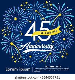 45th years anniversary celebration emblem. congratulations anniversary logo isolated with yellow ribbon and fireworks sparkle on blue background. vector illustration template design for web banner
