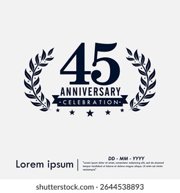 45th years anniversary celebration emblem. congratulations anniversary logo isolated with ribbon and laurel wreath on white background. vector illustration template design for web banner