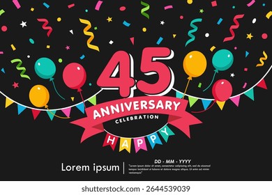 emblema de comemoração de aniversário de 45 anos. parabéns logotipo de aniversário isolado com confete colorido, bandeira de bunting, balões e fita. modelo de ilustração vetorial design para web banner