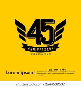 45th years anniversary celebration emblem. congratulations anniversary logo isolated with ribbon and wing on yellow background. vector illustration template design for web, flyers, poster, greeting 