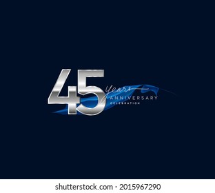 45th Years Anniversary celebration logotype silver colored with blue ribbon and isolated on dark blue background