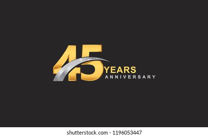 45th years anniversary logo with golden ring and silver swoosh isolated on black background, for birthday and anniversary celebration.