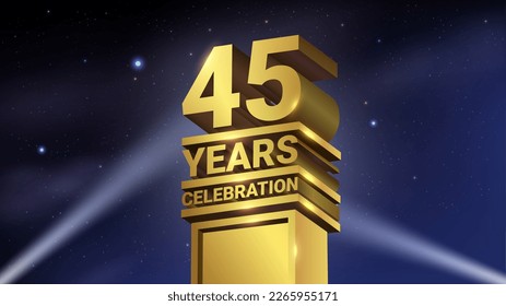 45th Years Celebration, 3D Gold Statue with Spotlights, Luxury Hollywood Light, Vector Illustration