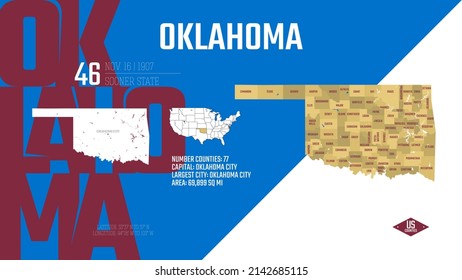 46 of 50 states of the United States, divided into counties with territory nicknames, Detailed vector Oklahoma Map with name and date admitted to the Union, travel poster and postcard