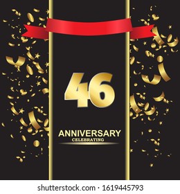 46 anniversary logo with confetti golden colored and red ribbon isolated on black background, vector design for greeting card and invitation card