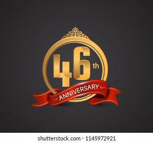 46 anniversary logotype style design luxury  golden color and ornament with warp red ribbon for company celebration event