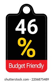 46% Budget Friendly sign tag, label vector art Black Background white and yellow lettering