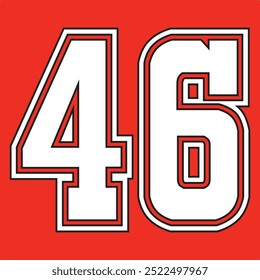 46 Clássico Vintage Sport Jersey Números uniformes em preto com um número de linha de contorno externo preto em fundo branco para futebol americano, beisebol e basquete ou futebol para camisa