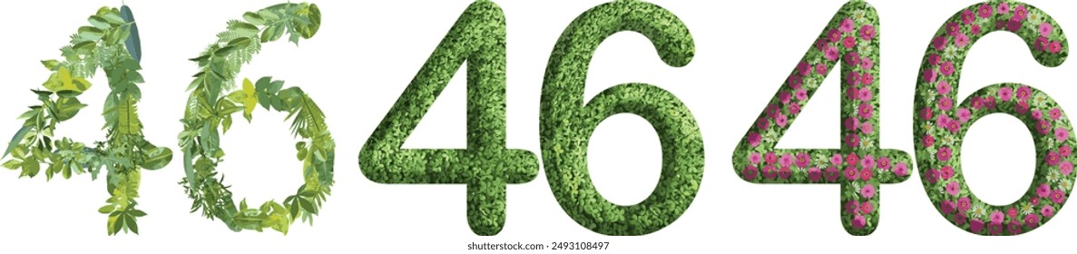 46, design made from green grass, leaves and flower, .suitable for birthday, anniversary and memorial day templates, go green concept	
