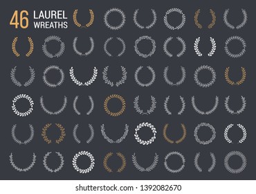 46 Hand drawn laurel wreaths on dark background, vector eps10 illustration