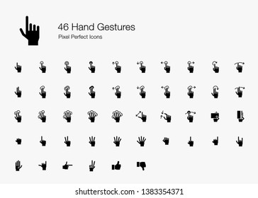 46 Hand Gestures and Finger Actions Pixel Perfect Icons (Filled Style). Vector icons of hand and finger pointing, pressing, sliding, and holding when using touchscreen on smartphone or tablet device. 