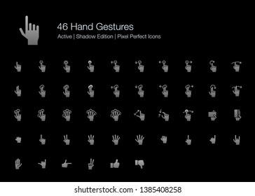 46 Hand Gestures and Finger Actions Pixel Perfect Icons. Vector icons of hand and finger pointing, pressing, sliding, and holding when using touchscreen on smartphone or tablet device. 