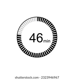 46 minutes icon. Symbol for product labels. Different uses such as cooking time, cosmetic or chemical application time.