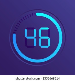 The 46 minutes, stopwatch vector icon, digital timer. Vector digital count down circle board with circle time pie diagram. Watch outline style design, designed for web and app.