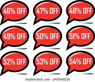 46% off, 47%, 48%, 49%, 50%, 51% off, 52%, 53% off, 54% off. Red floating balloon for special offers on discounts and promotions.