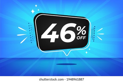 46% off. Blue banner with forty-six percent discount on a black balloon for mega big sales.