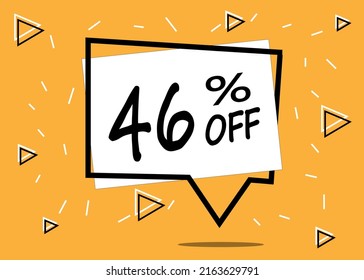 46% off. Discount 46 percent. Orange banner with floating balloon in white for promotions and offers.