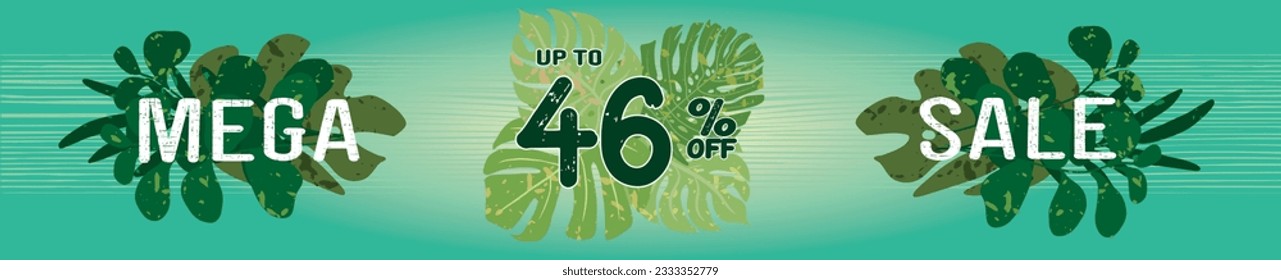 46% de descuento. Banner verde horizontal. Tema veraniego de hojas tropicales. Publicidad para Mega Venta. Hasta un 46% de descuento para promociones y ofertas.