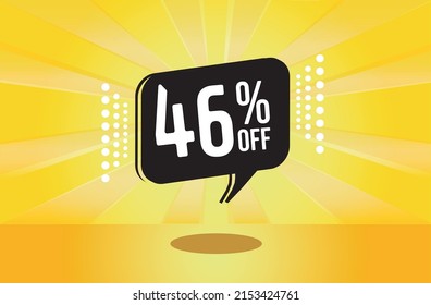 46% off. Yellow banner with forty six percent discount on a black balloon for mega big sales.