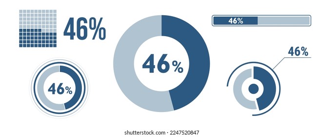 46 percent loading data icon set. Forty-six circle diagram, pie donut chart, progress bar. 46% percentage infographic. Vector concept collection, blue color.