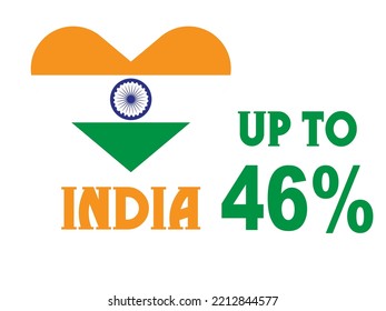 46% percentage India with Flag color vector art illustration with heart shape, font, green, orange and white color.