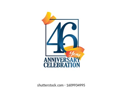46 Year Anniversary Blue Color with Block Frame and Orange-Yellow Ribbon,  Vector