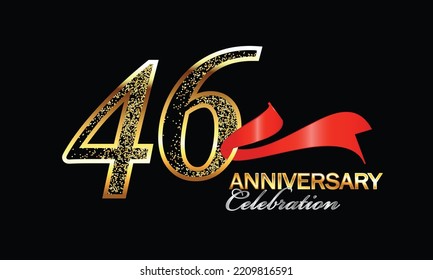 Celebración del 46 Aniversario del Diseño Vector con cinta roja y brillo. Celebración del 46° Aniversario. Banner Gold Luxury del 46º aniversario. 46ª tarjeta de celebración