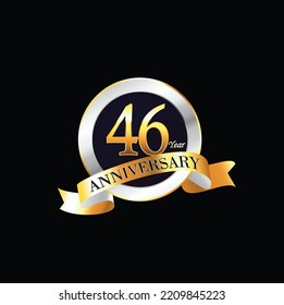 46 Year Anniversary celebration Vector Design with ring and ribbon. 46th Anniversary celebration. Gold Luxury Banner of 46th Anniversary celebration. forty-sixth celebration card.