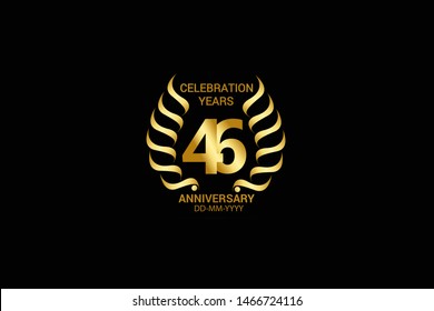 46 year minimalist logo years, jubilee, greeting card. Birthday invitation. Sign wings Line Gold space vector illustration on black background - Vector