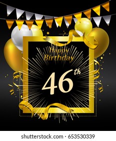 46 years anniversary celebration design. with confetti, balloon and flag golden colored isolated on black background, vector design for greeting card and invitation card
