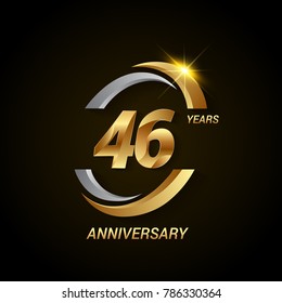 46 Years Anniversary Celebration Logotype. Golden Elegant Vector Illustration with Swoosh, Isolated on Black Background can be use for Celebration, Invitation, and Greeting card