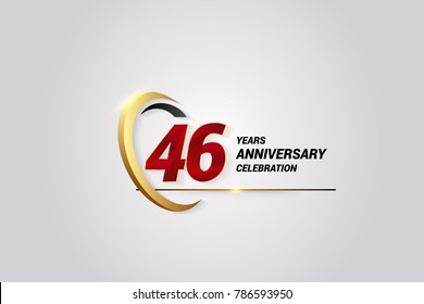 46 Years Anniversary Celebration Logotype. Red Elegant Vector Illustration with Gold Swoosh, Isolated on Black Background can be use for Celebration, Invitation, and Greeting card