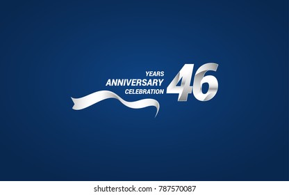 46 Years Anniversary celebration logotype white colored, using ribbon and isolated on blue background