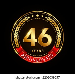 46 years anniversary, golden anniversary celebration logotype with red ribbon isolated on black background, vector illustration