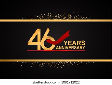 46 years anniversary golden design with red ribbon and glitter background for celebration