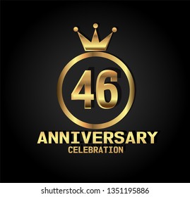 46 years Anniversary with golden font, circle and crown. Simple design with crown on top circle and number in center circle. Elegant, luxury, and simple design. My all design can see in my portofolio