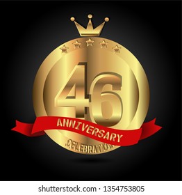 46 years anniversary with golden font, circle, crown, and star with red ribbon. anniversary text on top ribbon. Design like coin or medal with crown on top. My all design can see in my portofolio