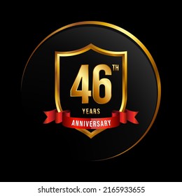 46 years anniversary logo with golden shield and ribbon for booklet, leaflet, magazine, brochure poster, banner, web, invitation or greeting card. Vector illustrations.