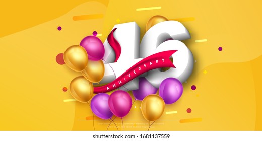 Diseño de la plantilla de logo para 46 años sobre fondo amarillo y globos. Antecedentes de la celebración del 46° aniversario con cintas rojas y globos. Plantilla de póster o folleto de la fiesta. Ilustración de vectores